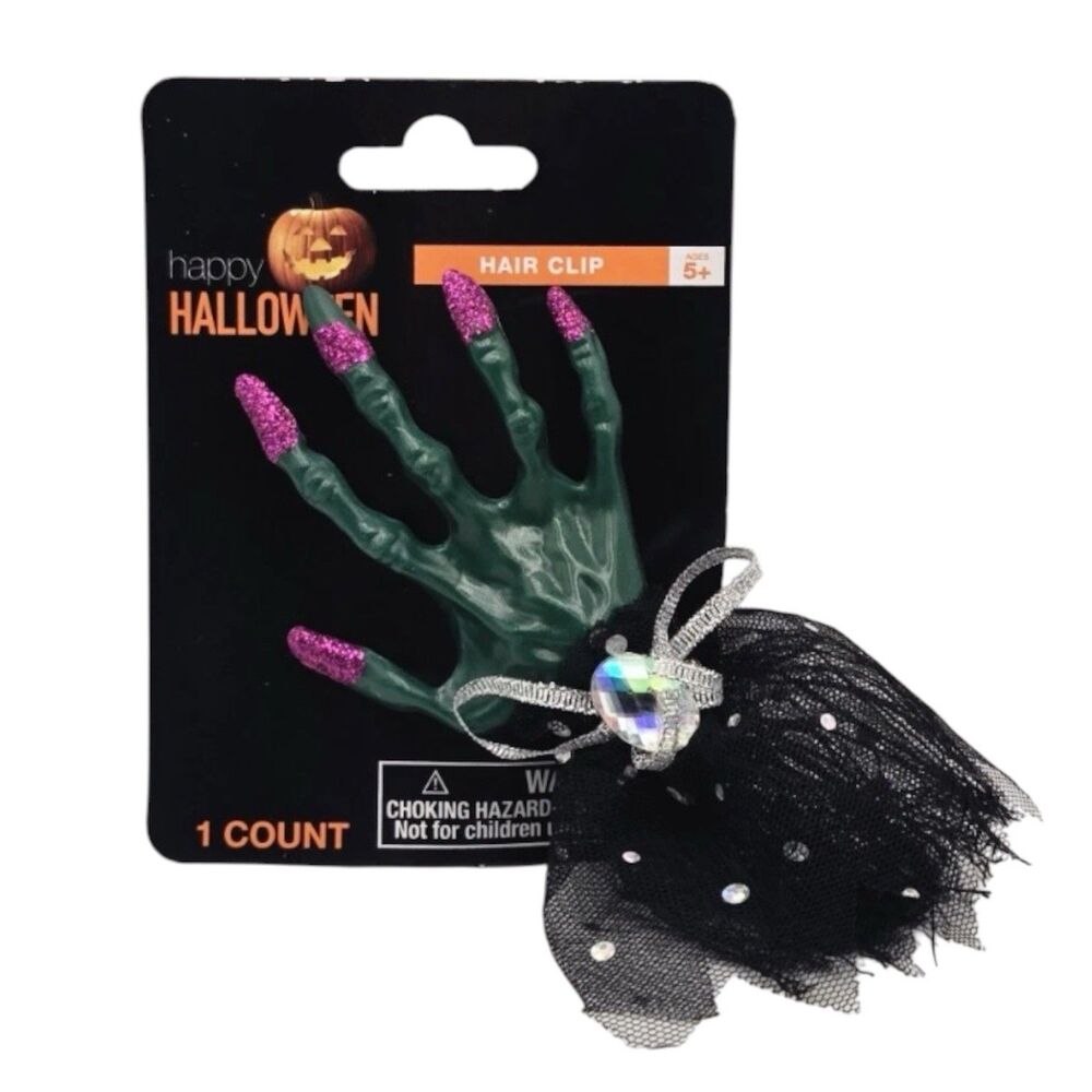 Happy Halloween Creepy Witch Hand Hair Clip Green Sequin Bow Costume Accessory